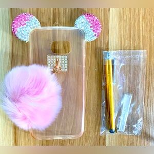💕NEW-Pink/Clear Rhinestone Mouse Ears Phone Case W/Pink Pom-Pom and Stylus